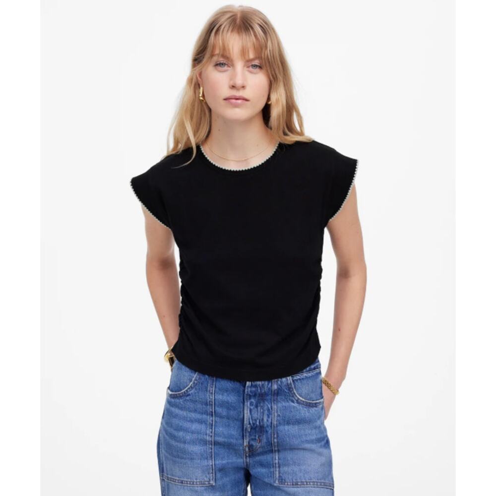 Madewell Side-Cinch Muscle Tee WMNS L Black Crew Neck Black Contrast Stitch Trim